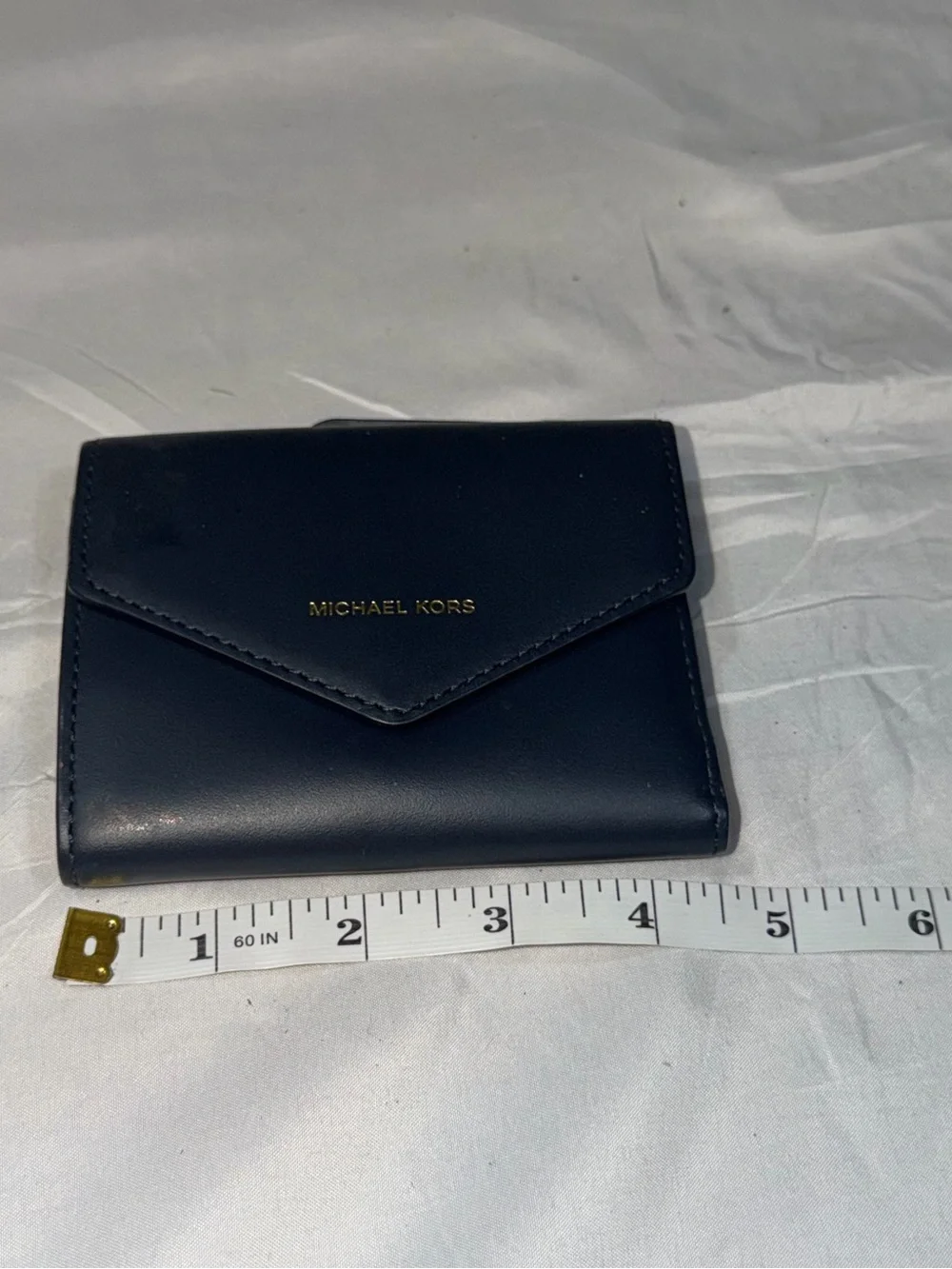 Michael Kors Small Blue Leather Envelope Wallet Gold Logo Compact Trifold Mini